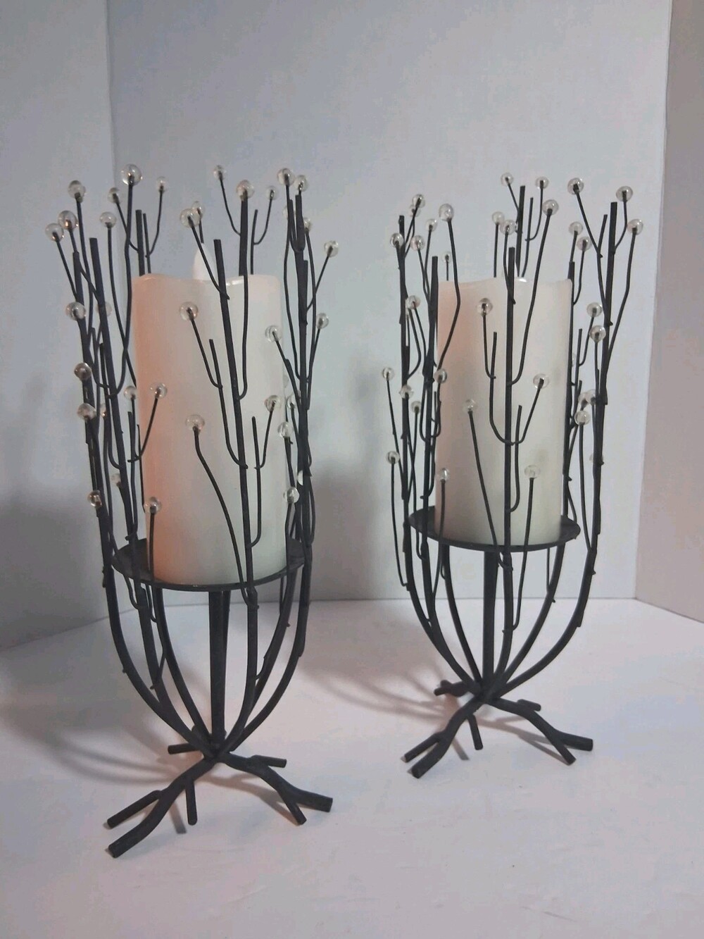Gothic Black Metal Branch Candle Holders;Set Of 2; Clear Bead TIP Accents; EUC